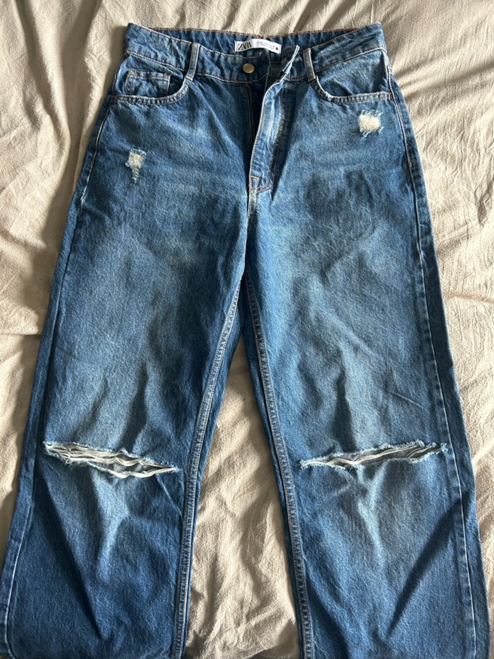 Zara Medium Blue Distressed High-Waist Relaxed Jeans